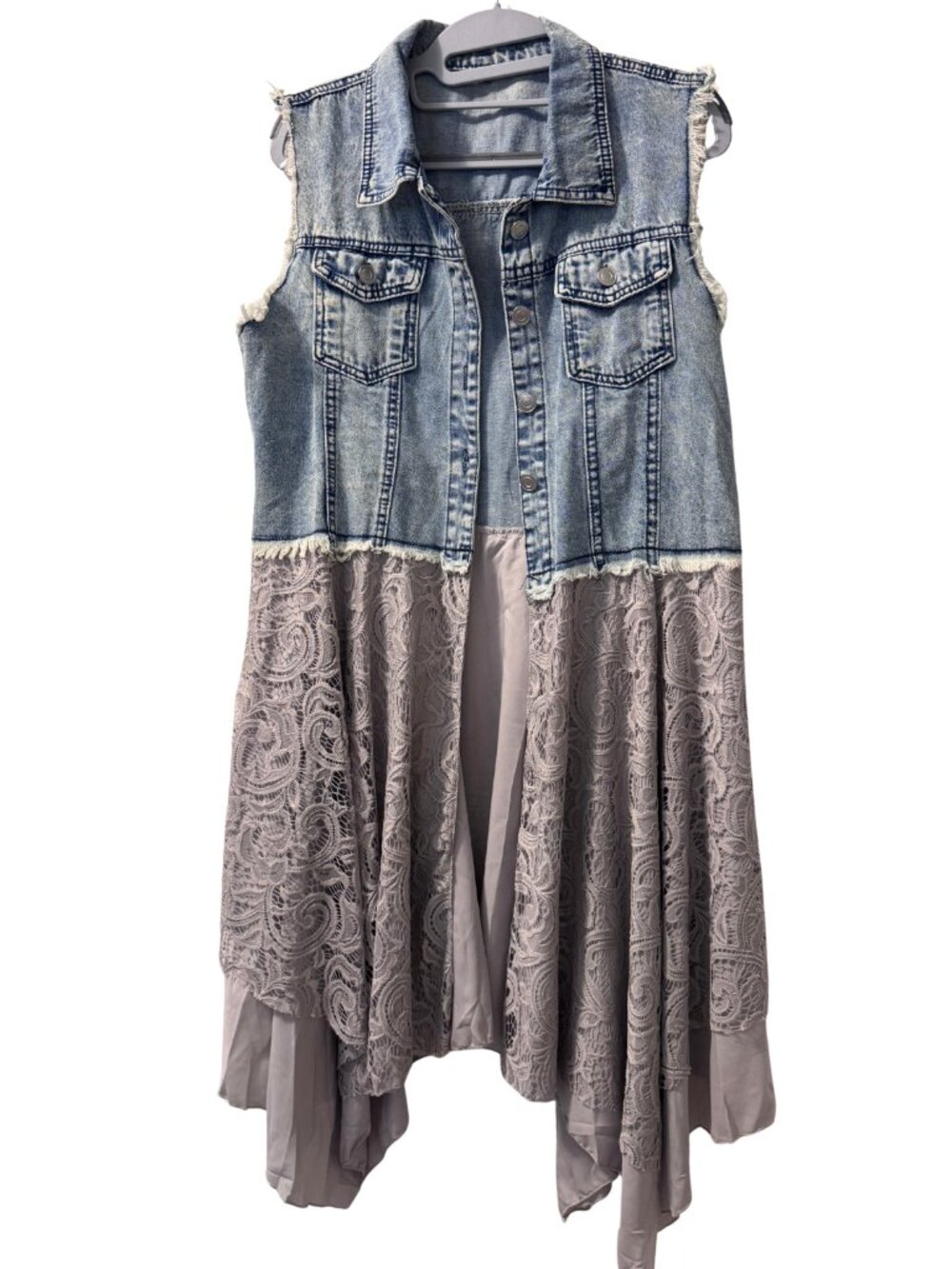 Boho Denim Vest Lace Duster Hem Sleeveless Button Front Womens Large